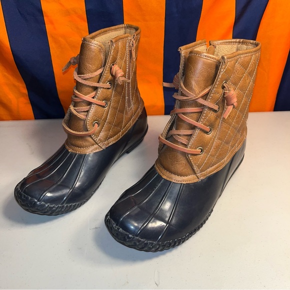 Stevies Duck Boots Women Size 6 Navy Blue Brown Side Zip Snow, Rain Steel Shank - Picture 2 of 7